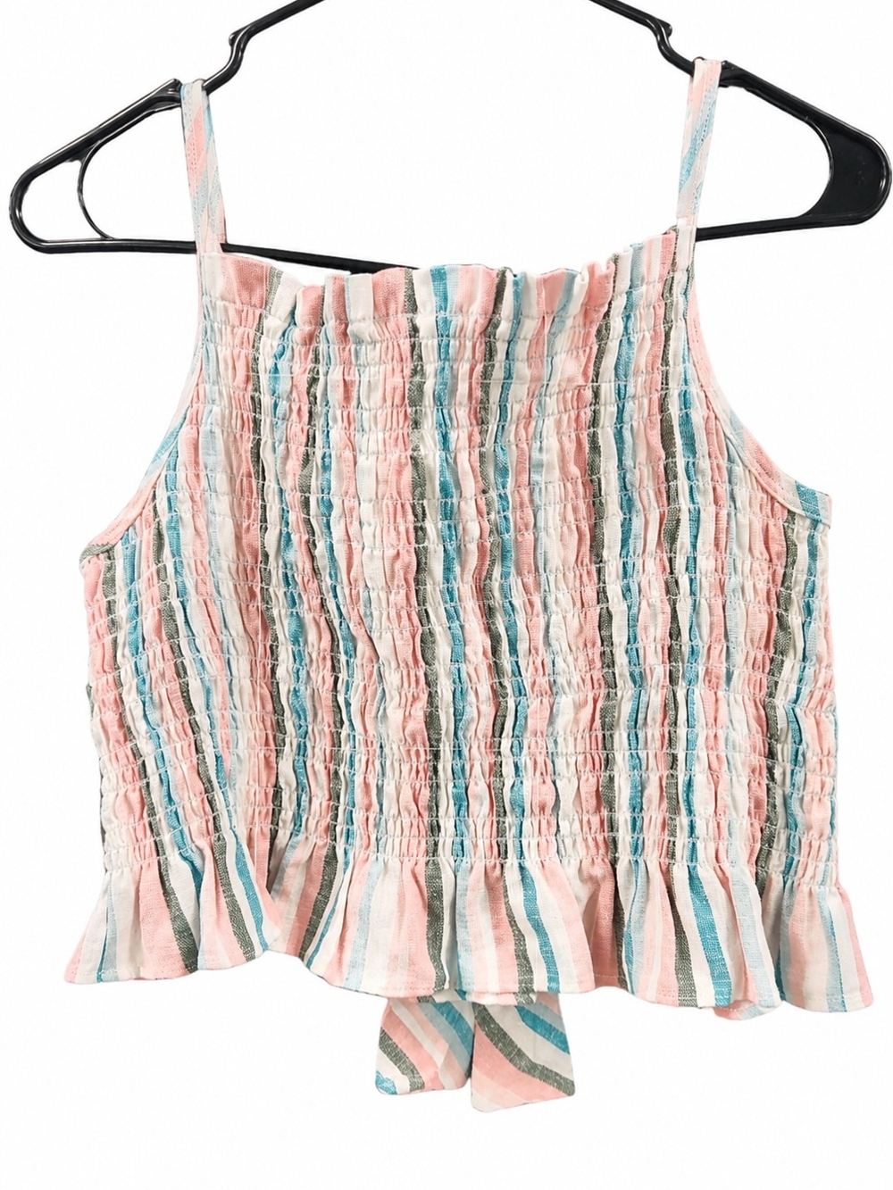 NWT Bonnie Jean Girls Smocked Stripe Crop Top Large Pink Blue Linen Blend